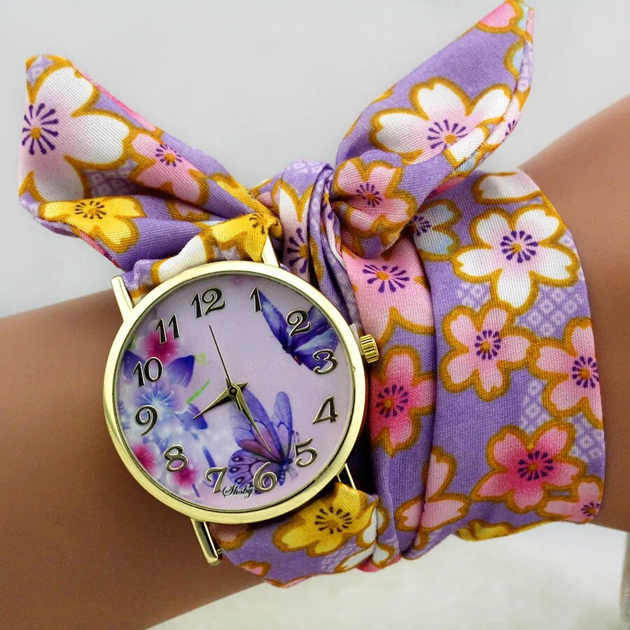 Ladies Flower Cloth Wrist Watch