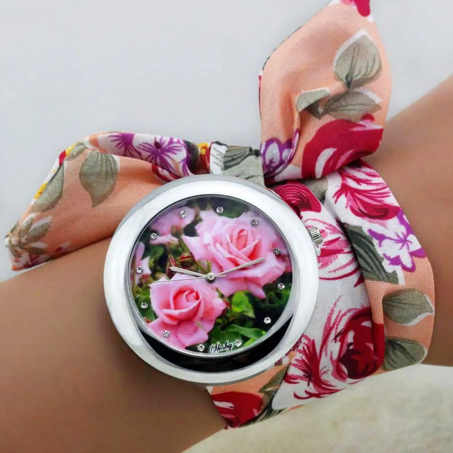 New Design Ladies Flower High Quality Fabric Watch