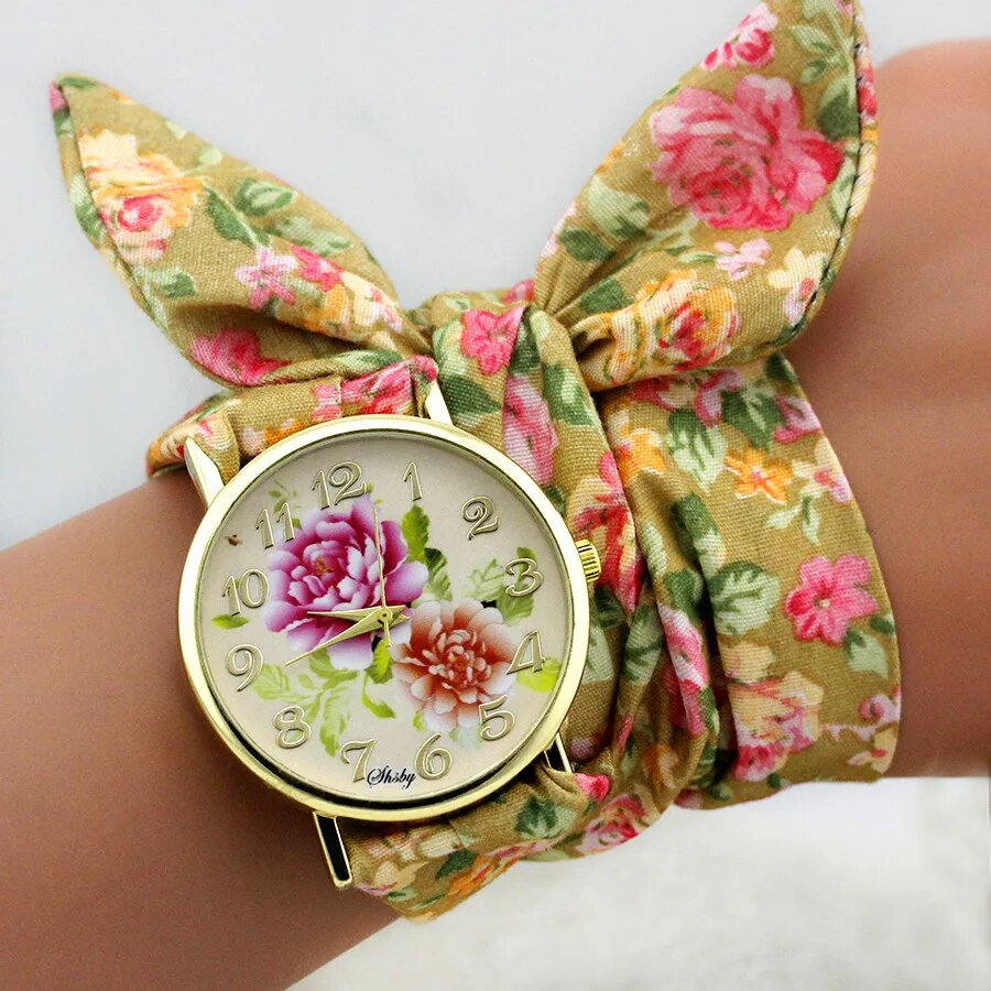 Ladies Flower Cloth Wrist Watch