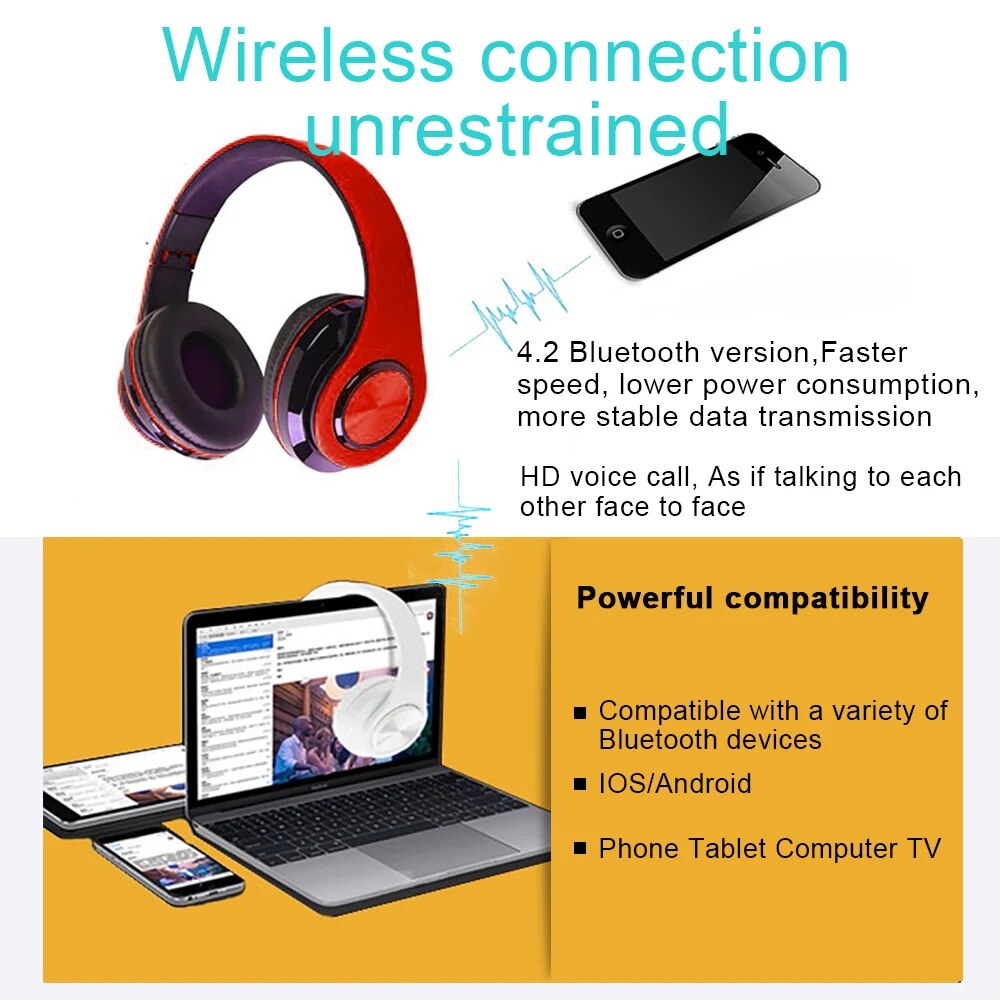 Wireless Bluetooth Headphones With MIC Support TF Card Mp3 Player