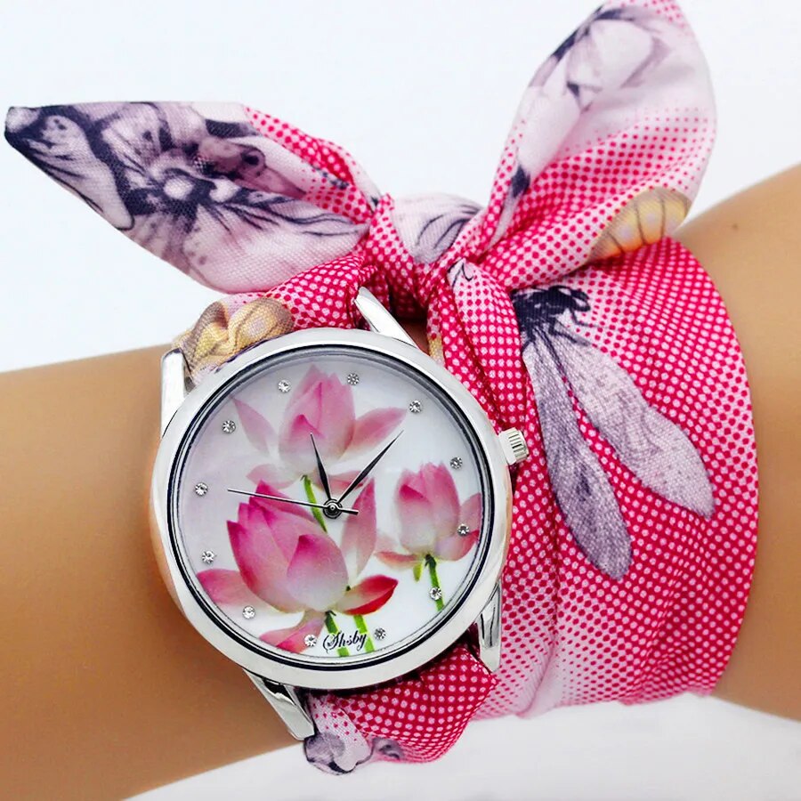 Ladies Flower Cloth Wristwatch