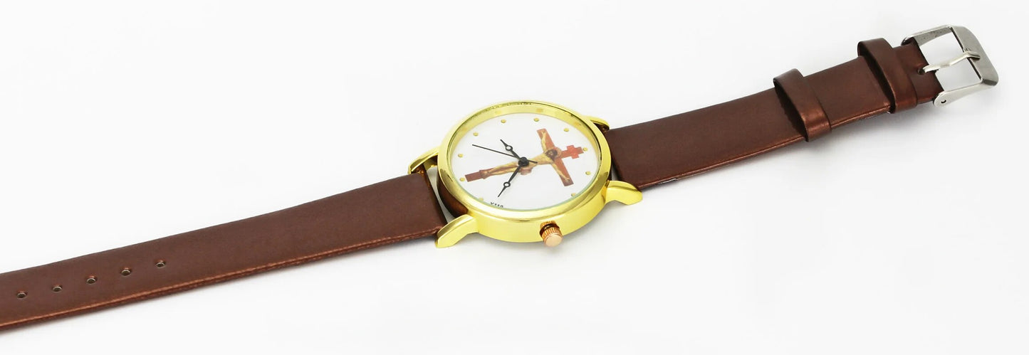 Jesus Christ Crucifixion Cross Christian Casual Watch, Gold Case