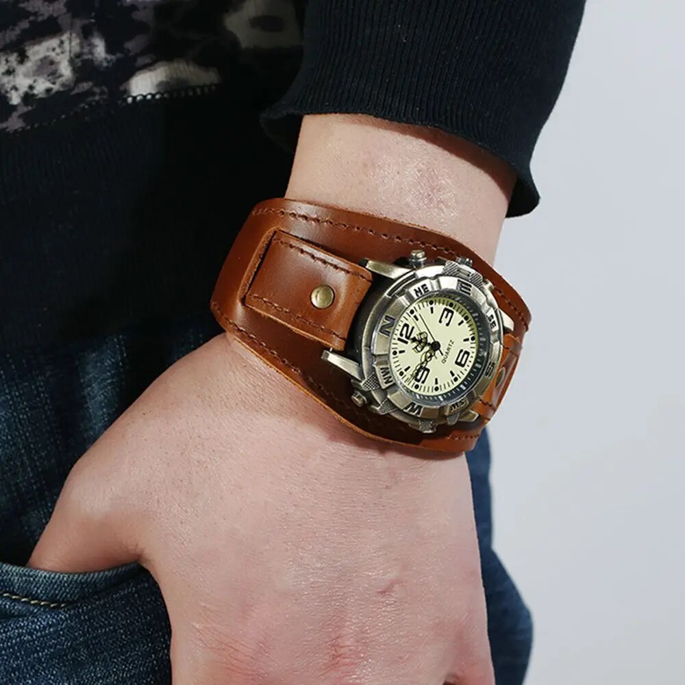 Retro Big Wide Genuine Leather Strap Watch For Men