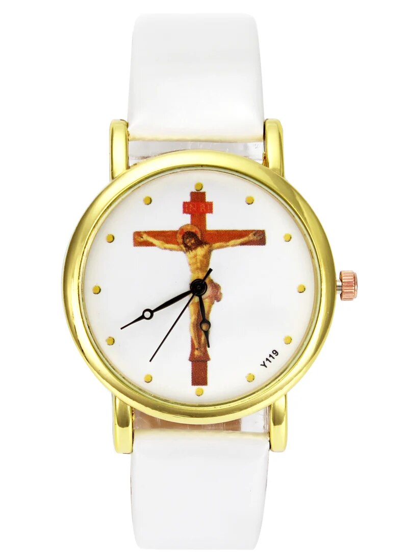 Jesus Christ Crucifixion Cross Christian Casual Watch, Gold Case