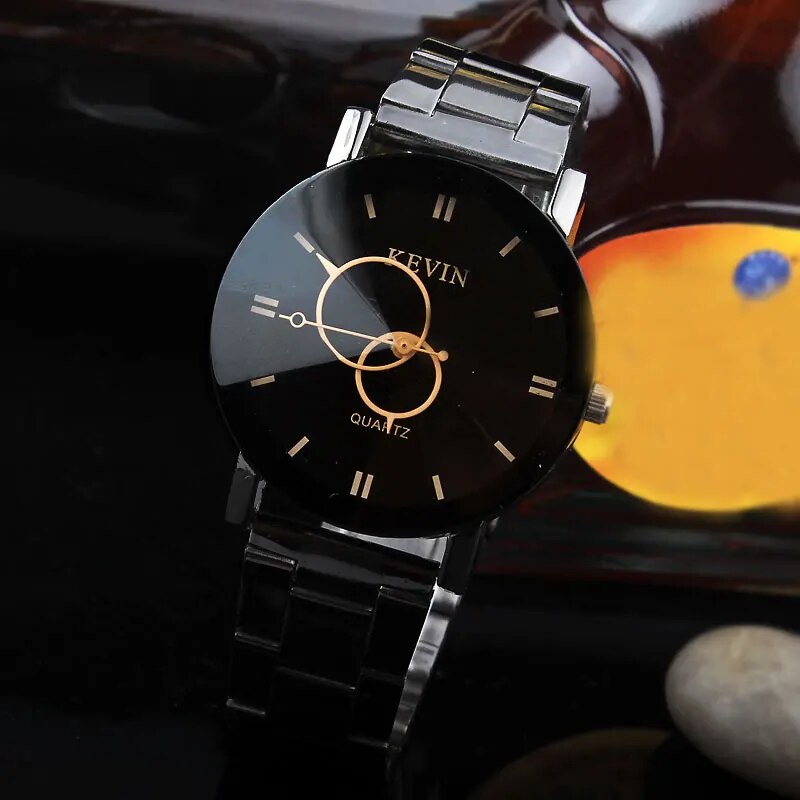 Black Round Dial Stainless Steel Band Quartz Wrist Watch