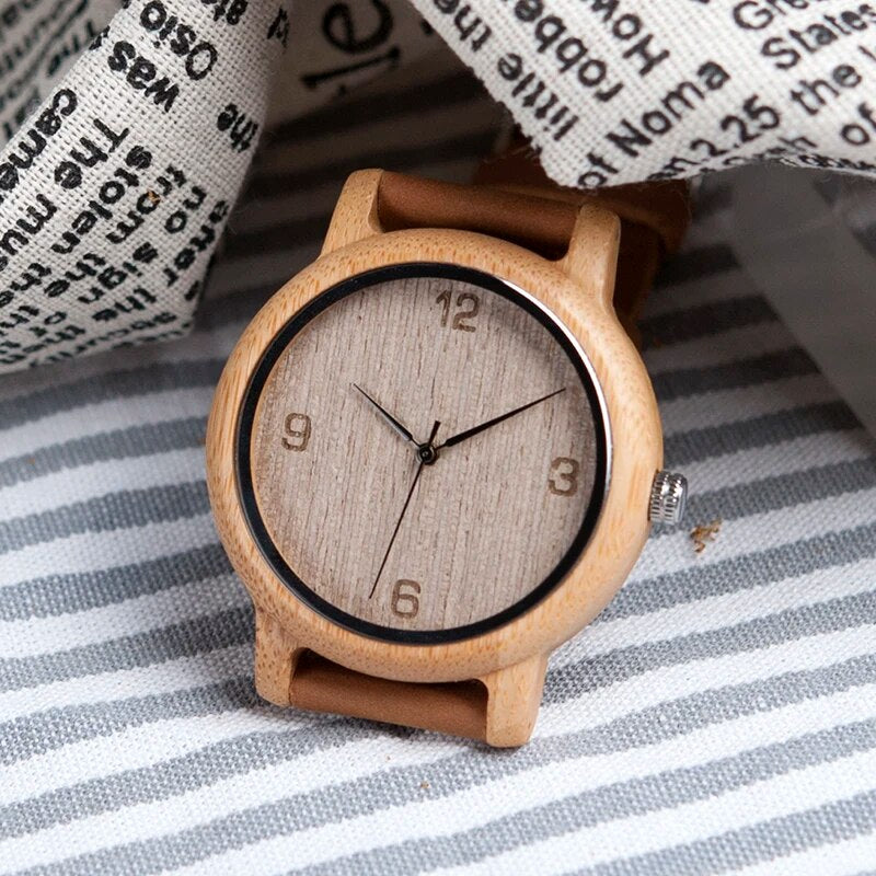 Unisex Antique Bamboo Watch, Leather Strap.