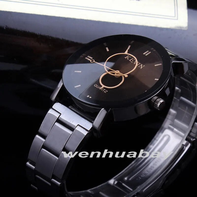 Black Round Dial Stainless Steel Band Quartz Wrist Watch