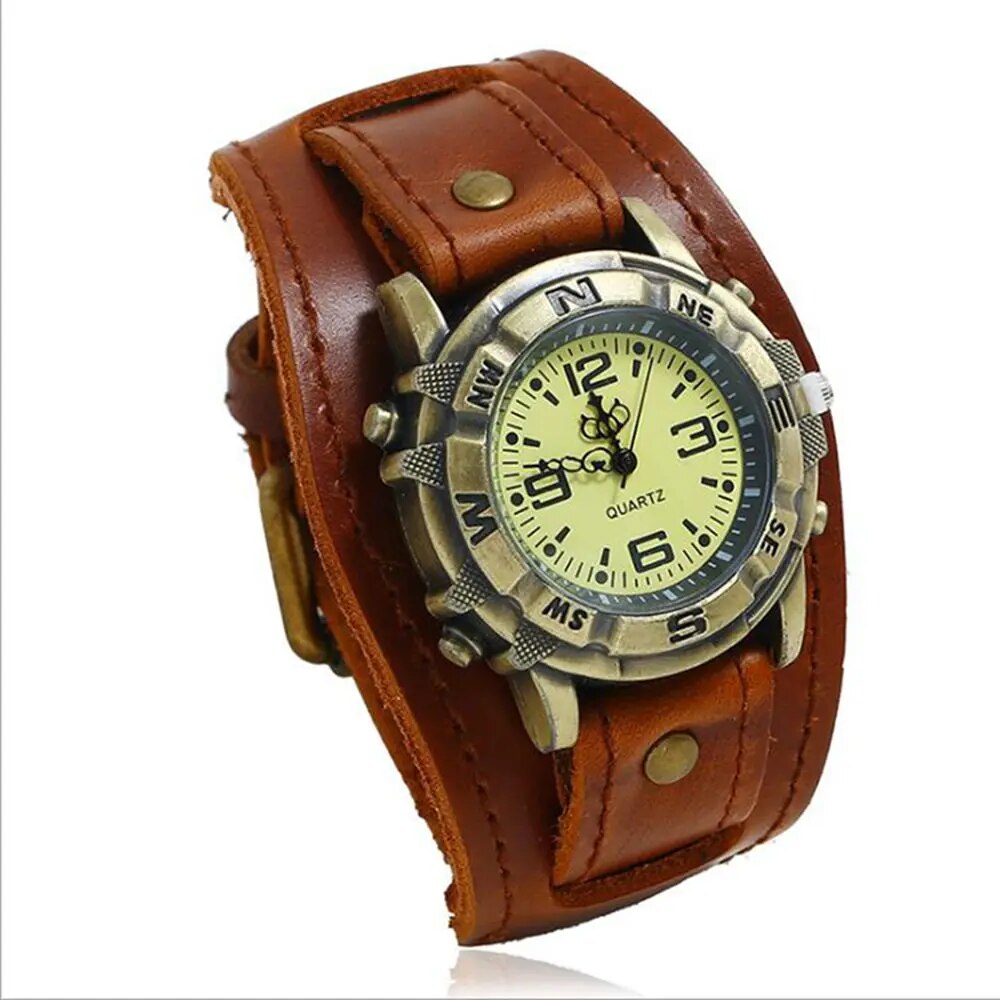 Retro Big Wide Genuine Leather Strap Watch For Men