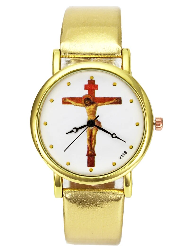 Jesus Christ Crucifixion Cross Christian Casual Watch, Gold Case