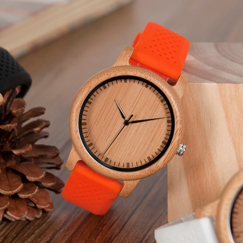 Ladies' Luxury Bamboo Wood Silicone Straps Watch