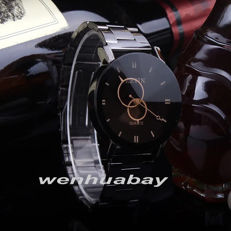 Black Round Dial Stainless Steel Band Quartz Wrist Watch