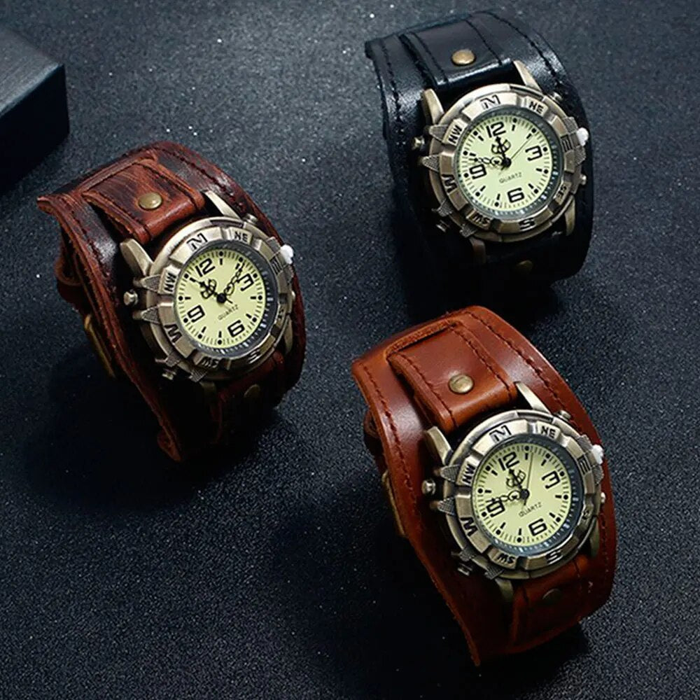 Retro Big Wide Genuine Leather Strap Watch For Men