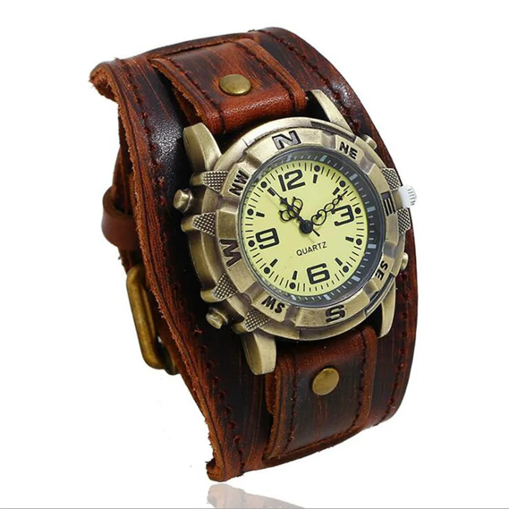 Retro Big Wide Genuine Leather Strap Watch For Men