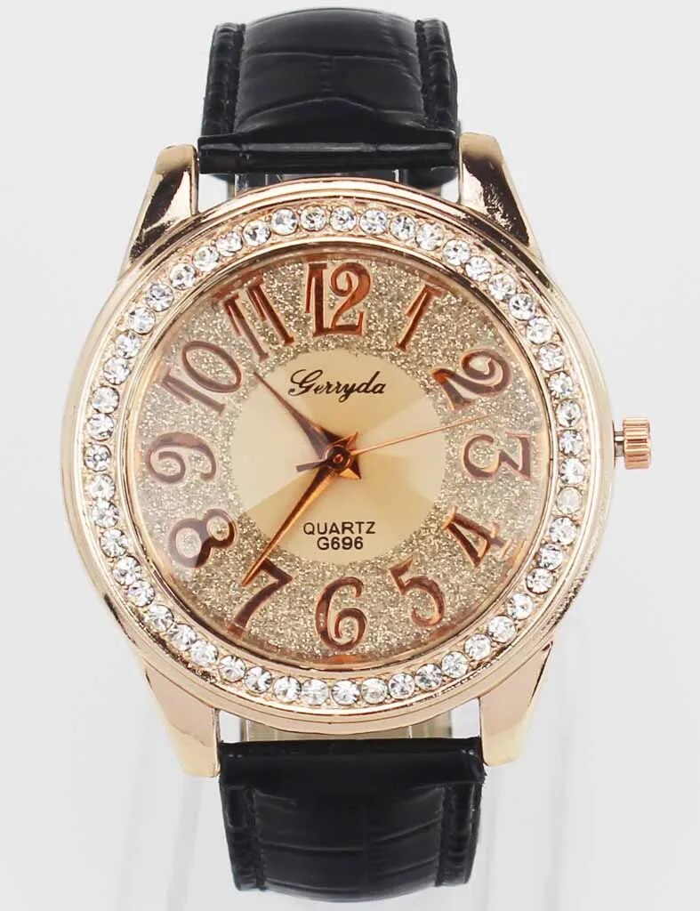 Women Rose Gold Bling Dial Crystal Leather Wrist Watch