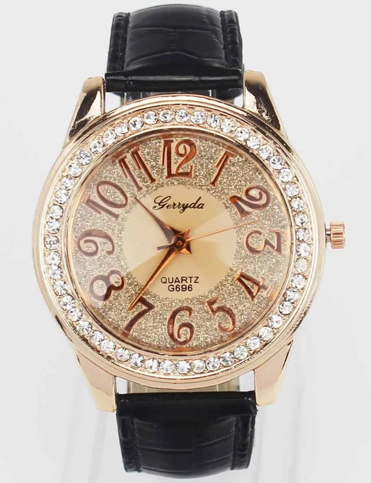 Women Rose Gold Bling Dial Crystal Leather Wrist Watch