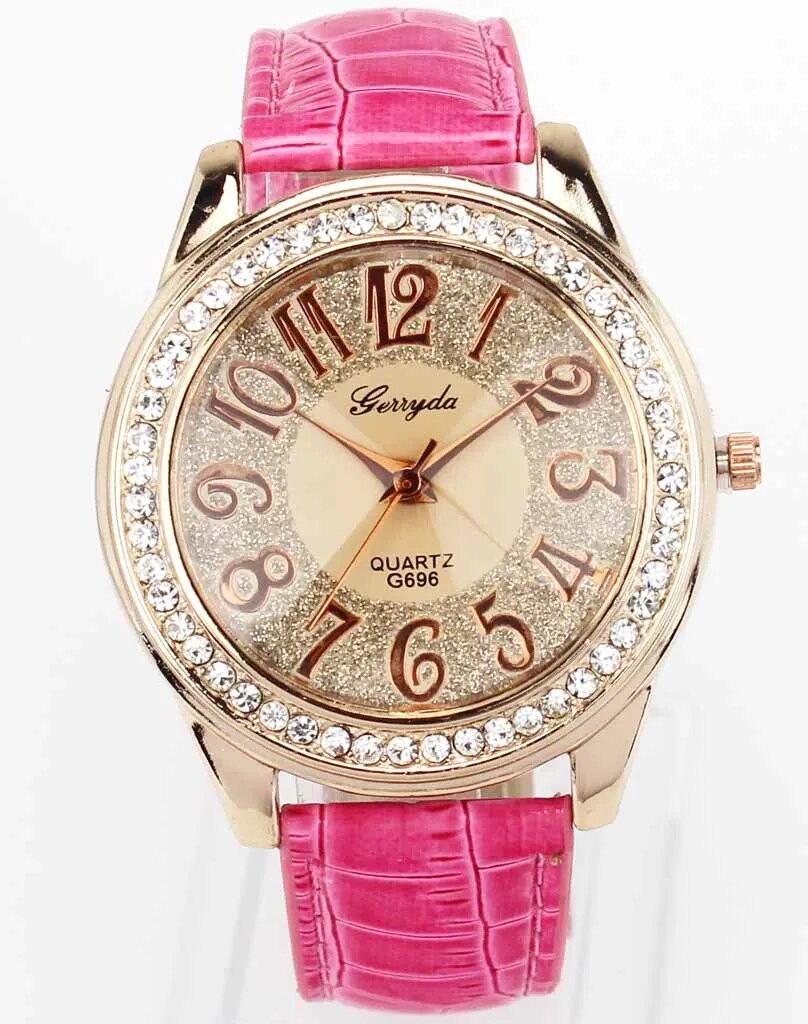 Women Rose Gold Bling Dial Crystal Leather Wrist Watch