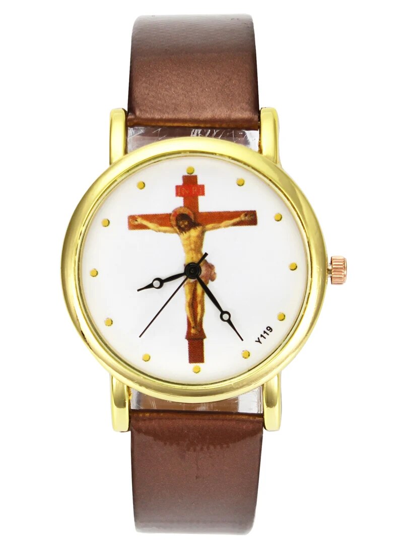 Jesus Christ Crucifixion Cross Christian Casual Watch, Gold Case