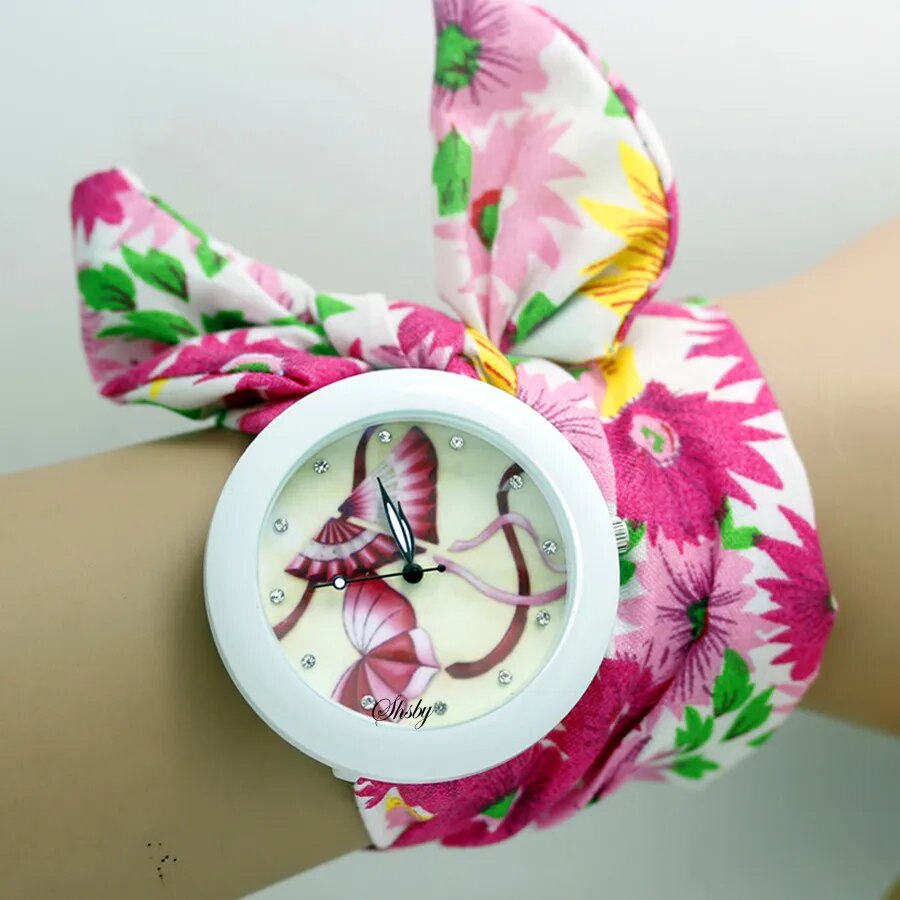 Ladies flower cloth wrist watch