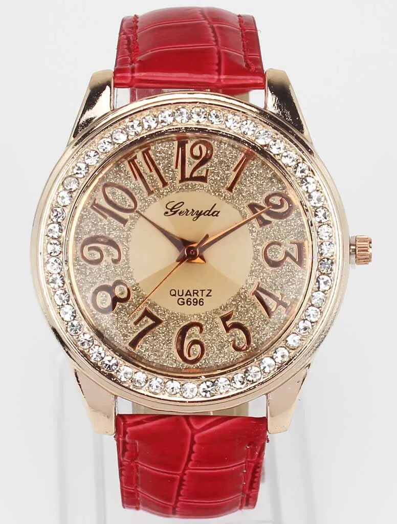 Women Rose Gold Bling Dial Crystal Leather Wrist Watch