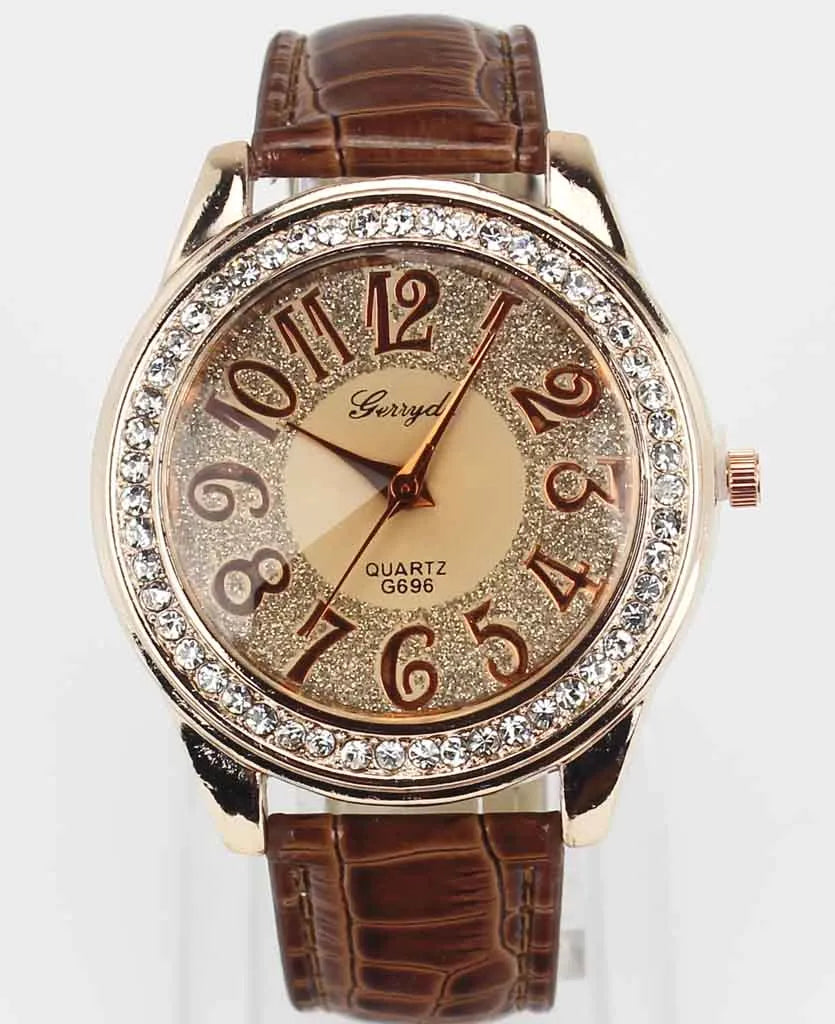 Women Rose Gold Bling Dial Crystal Leather Wrist Watch