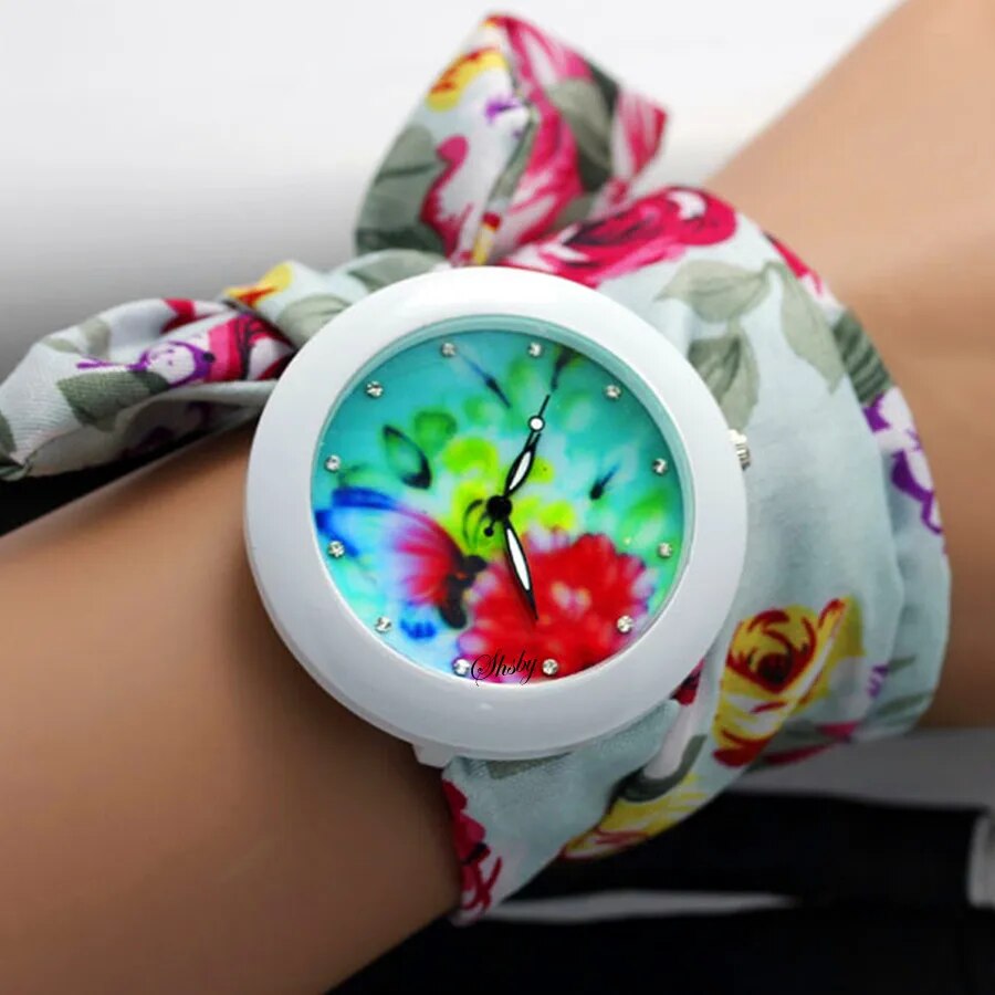 Ladies flower cloth wrist watch