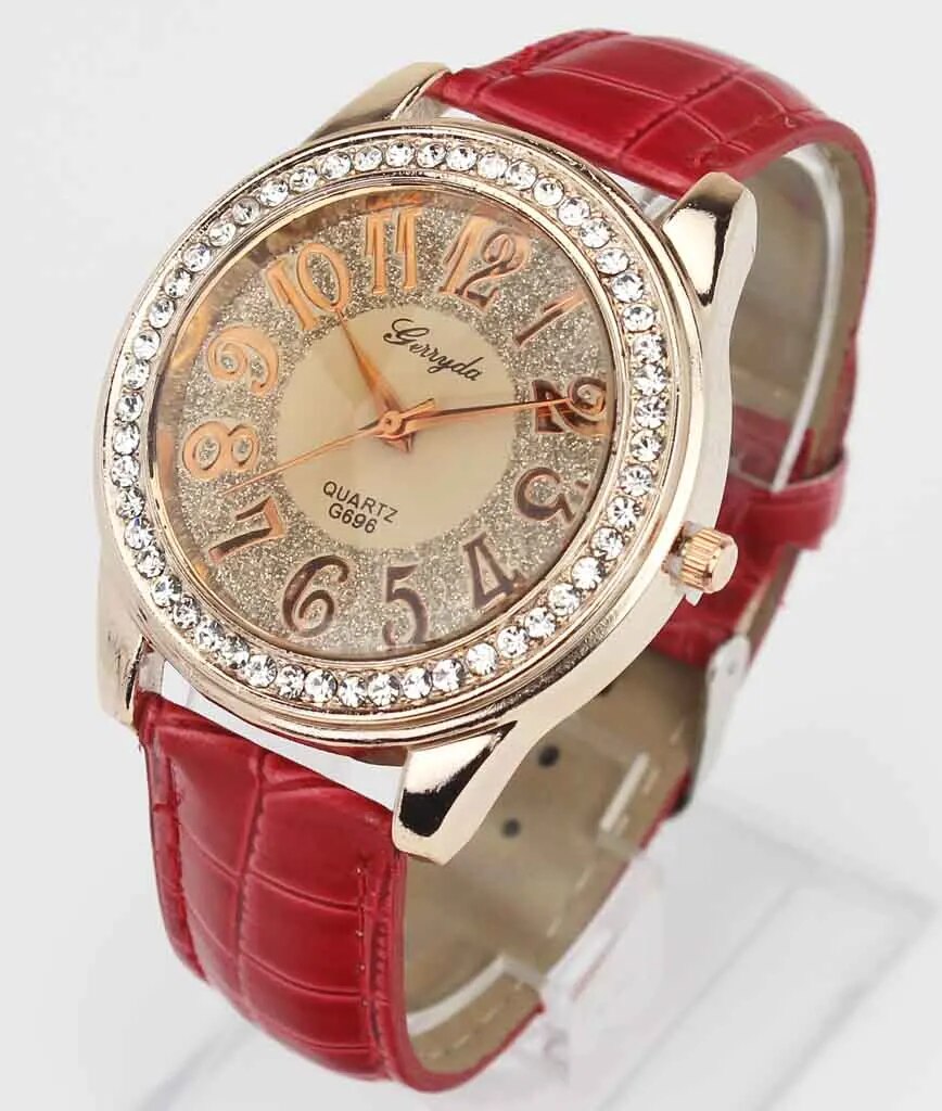 Women Rose Gold Bling Dial Crystal Leather Wrist Watch