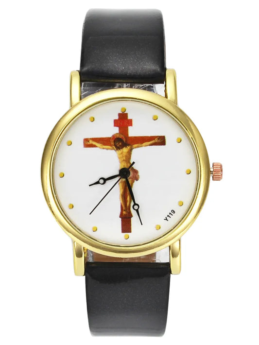 Jesus Christ Crucifixion Cross Christian Casual Watch, Gold Case