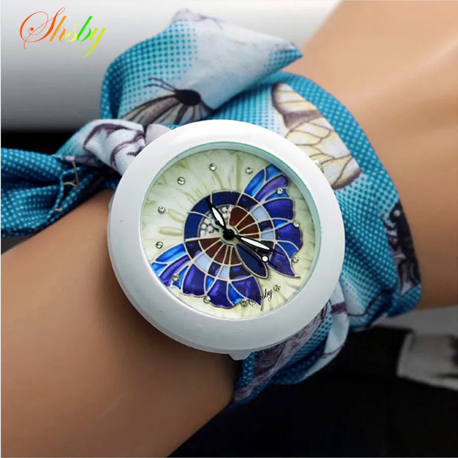 Ladies flower cloth wrist watch