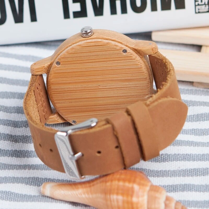 Unisex Antique Bamboo Watch, Leather Strap.