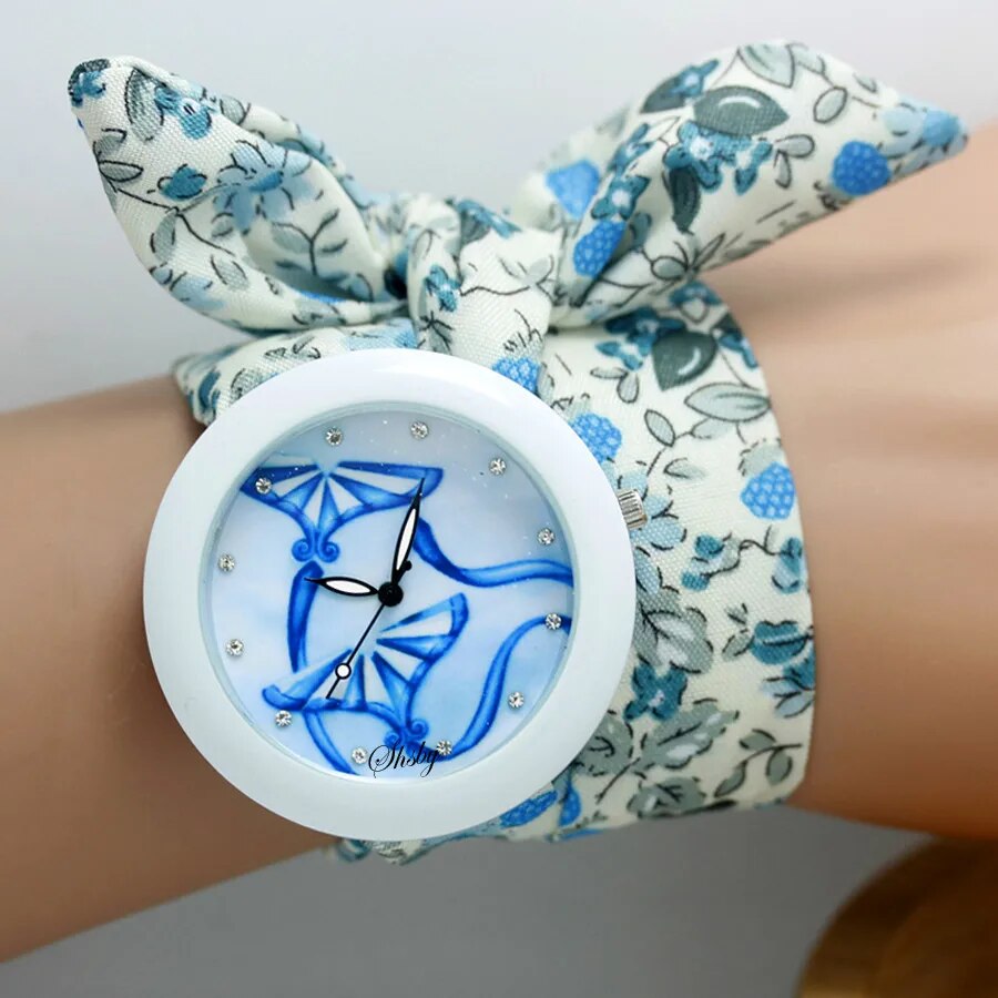 Ladies flower cloth wrist watch