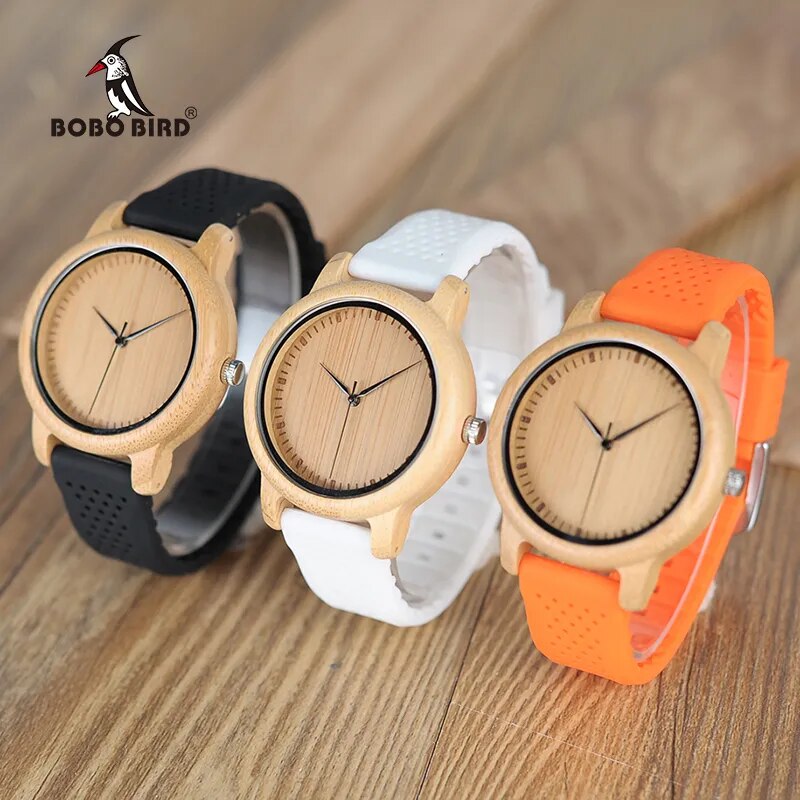 Ladies' Luxury Bamboo Wood Silicone Straps Watch