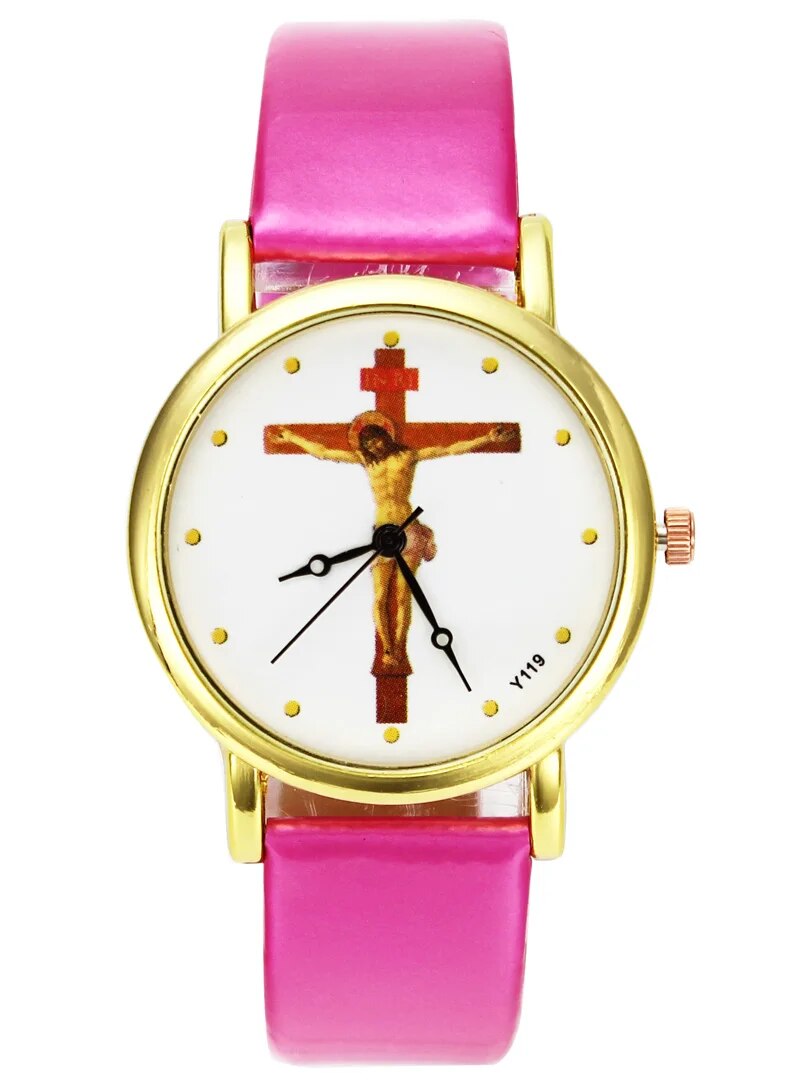 Jesus Christ Crucifixion Cross Christian Casual Watch, Gold Case