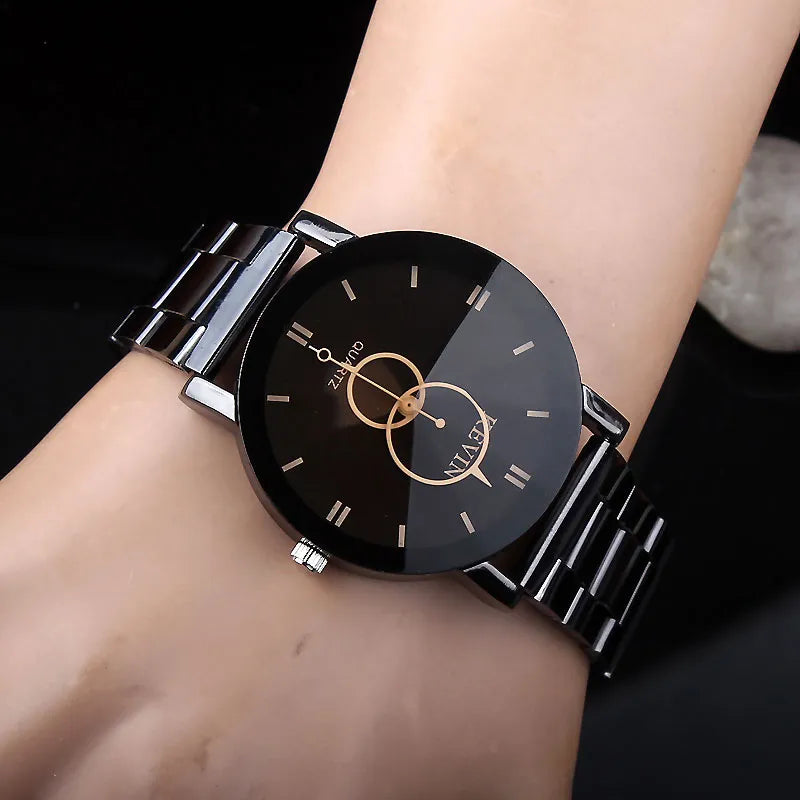 Black Round Dial Stainless Steel Band Quartz Wrist Watch