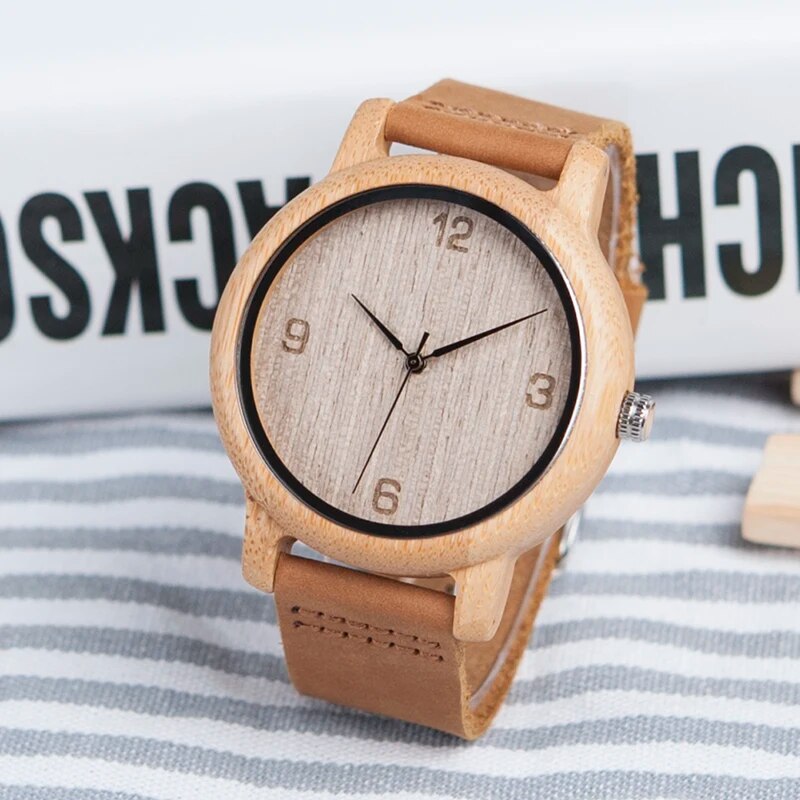 Unisex Antique Bamboo Watch, Leather Strap.