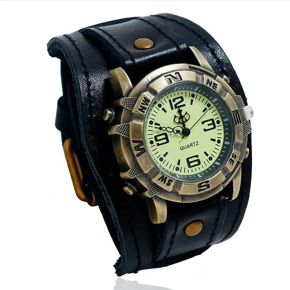 Retro Big Wide Genuine Leather Strap Watch For Men