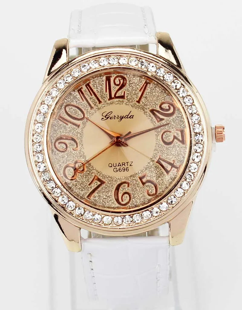 Women Rose Gold Bling Dial Crystal Leather Wrist Watch