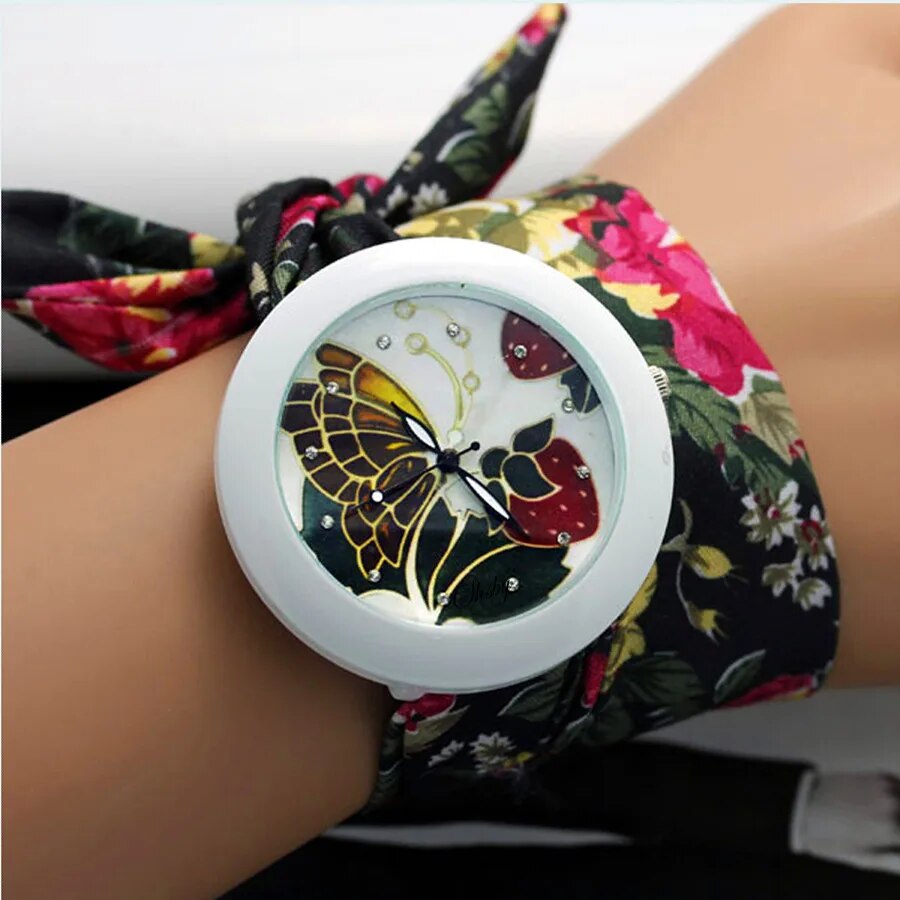 Ladies flower cloth wrist watch