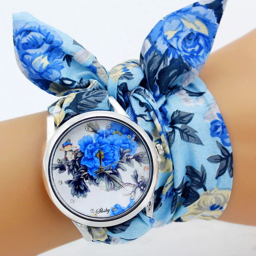 Ladies Flower Cloth Wristwatch