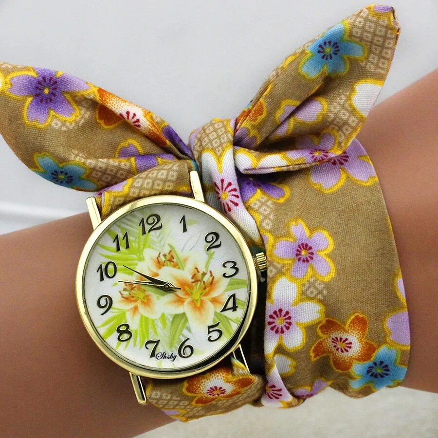 Ladies Flower Cloth Wrist Watch