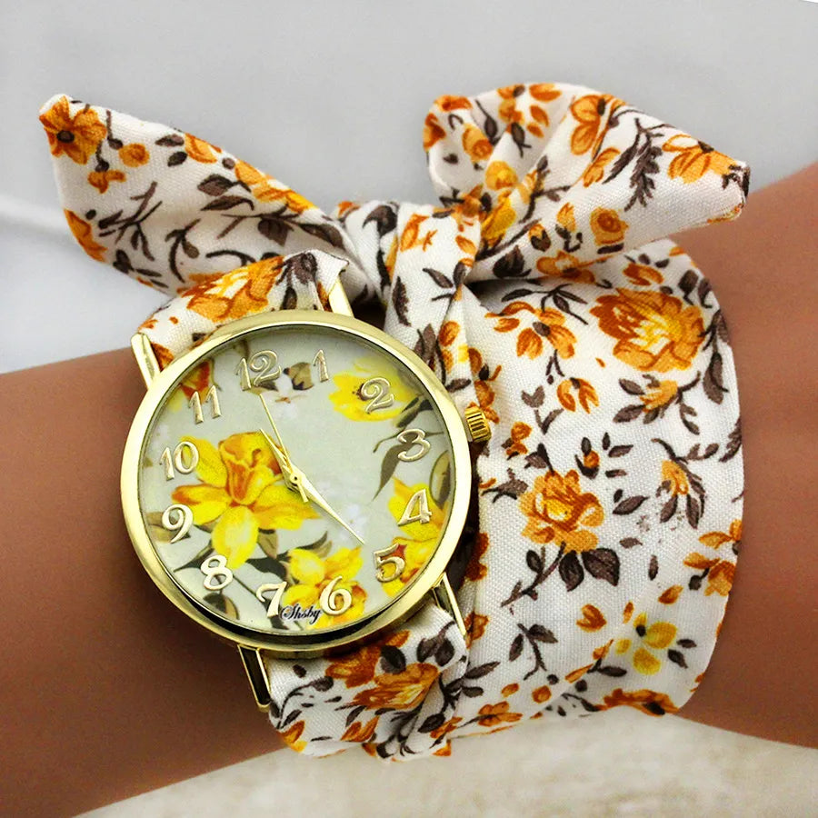 Ladies Flower Cloth Wrist Watch