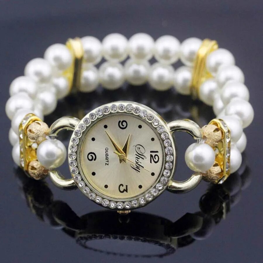 Analog Bracelet Wrist Watch With Colorful Pearls