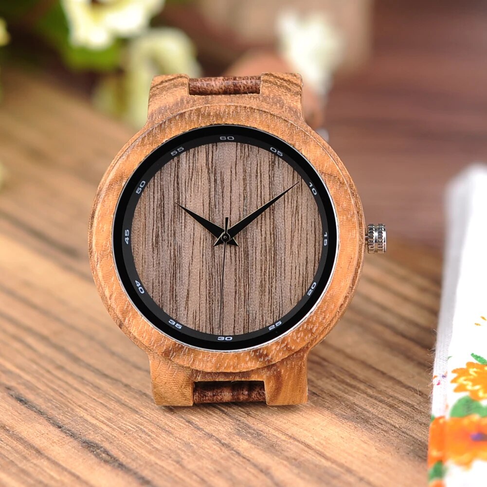 Women Top Luxury Bamboo Wristwatch with Leather