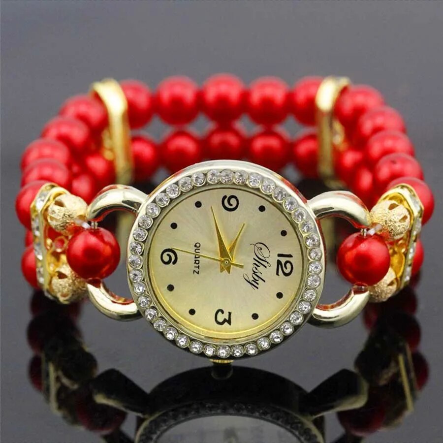 Analog Bracelet Wrist Watch With Colorful Pearls